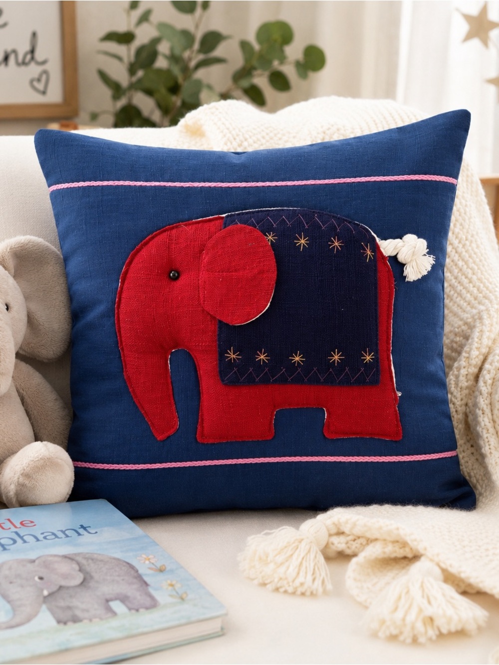 Elephant Nursery Pillow Cover 15x15 Blue Red Kids Room Accent Cushion Cover